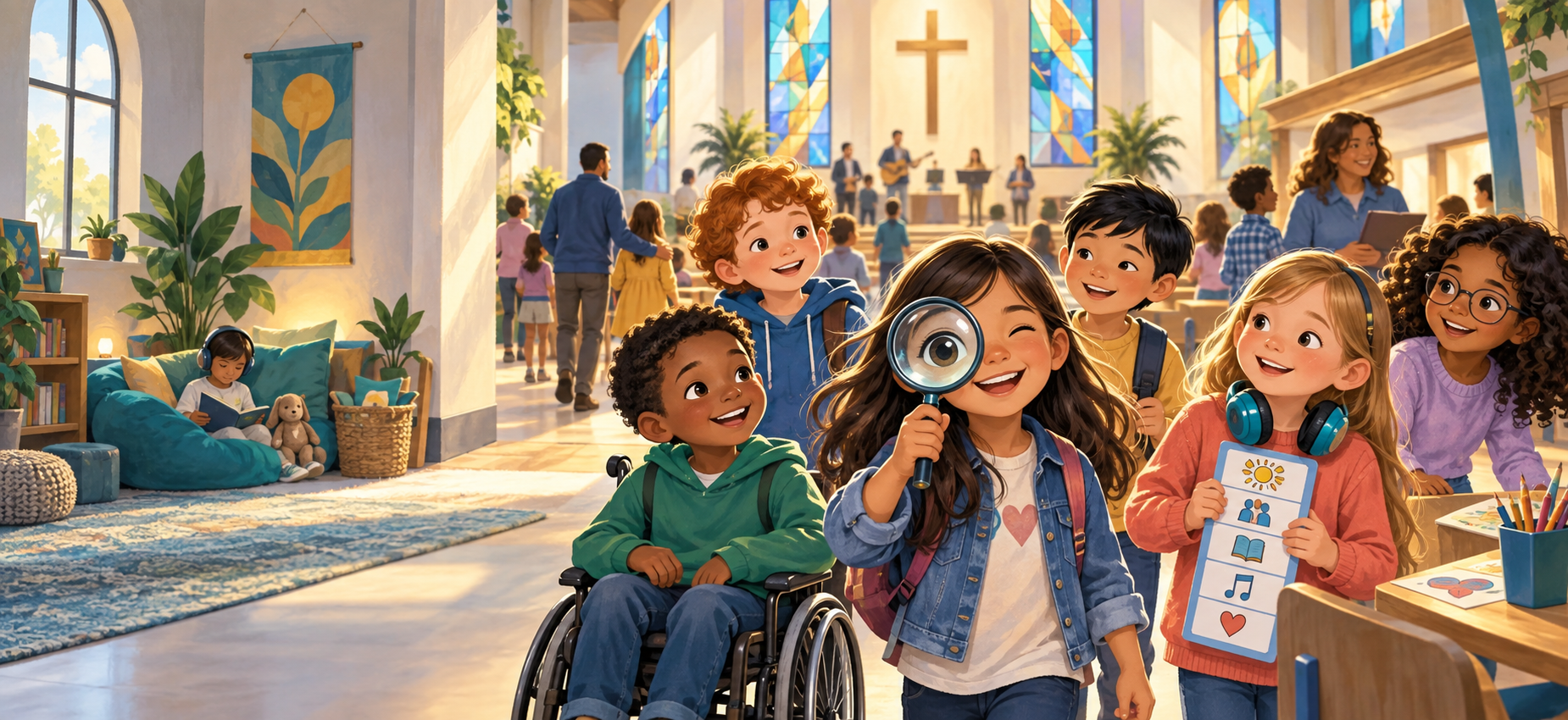 Children learning together in a welcoming church with flexible seating, headphones, and a quiet space