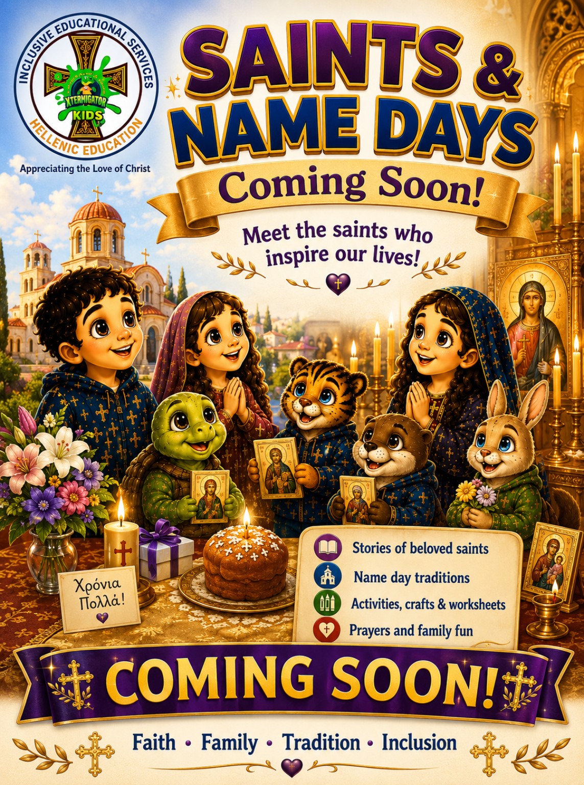 Original XTERMIGATOR Kids and friends artwork for Orthodox saints and name-day learning