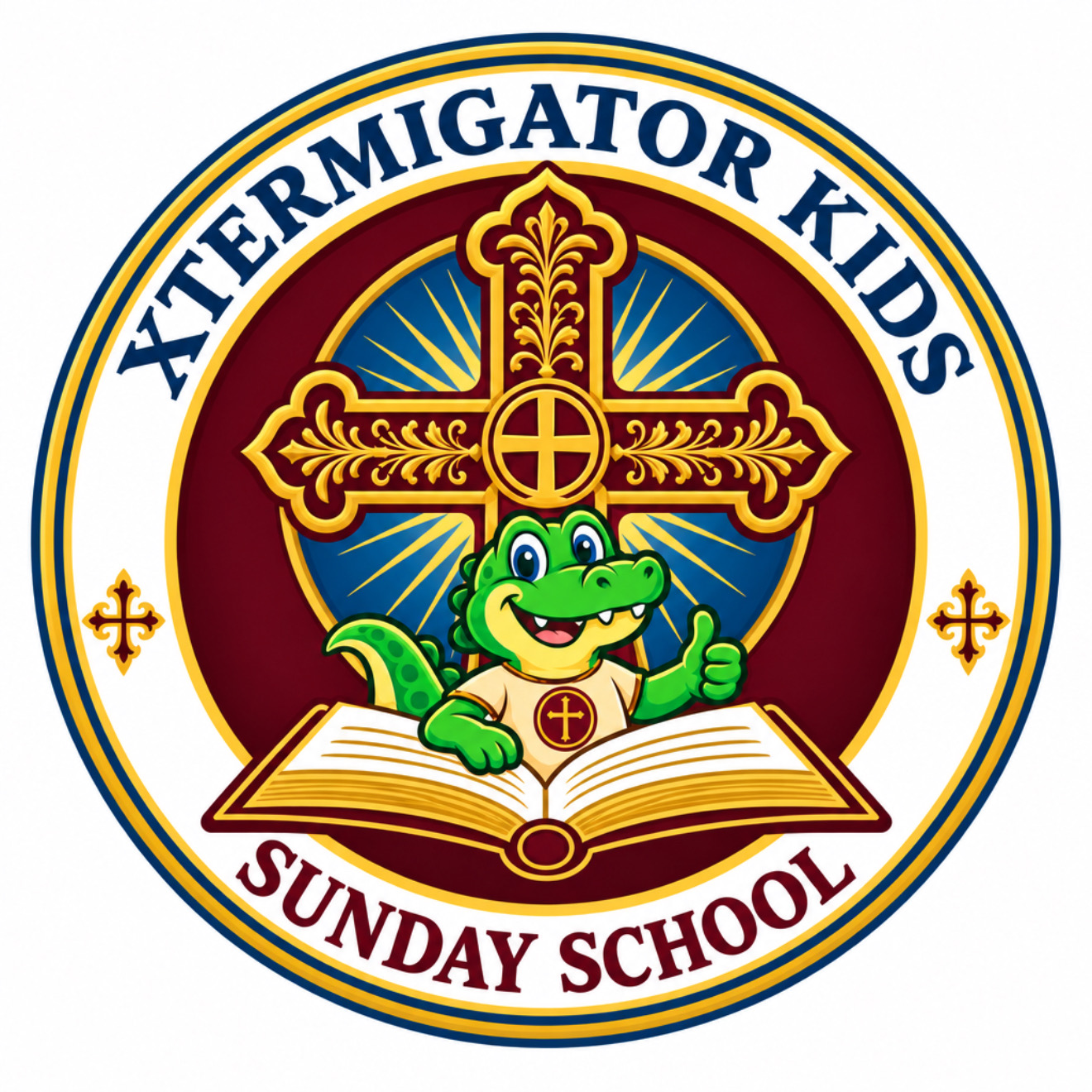 Original XTERMIGATOR Kids Sunday School artwork: an alligator reading a Bible beneath a cross